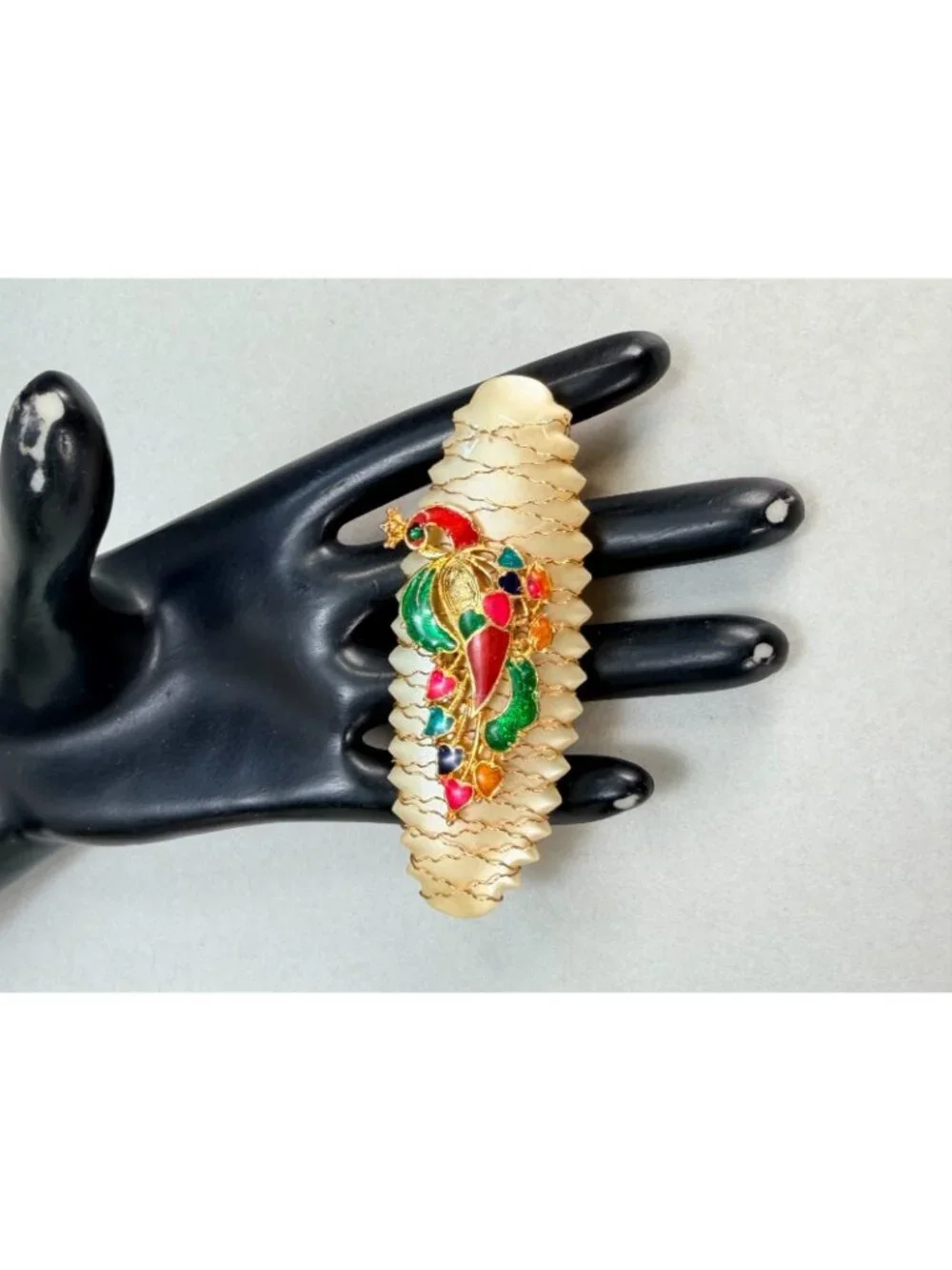 Vintage Peacock Hair Barrette Enamel Gold Tone Clip Hair Accessories